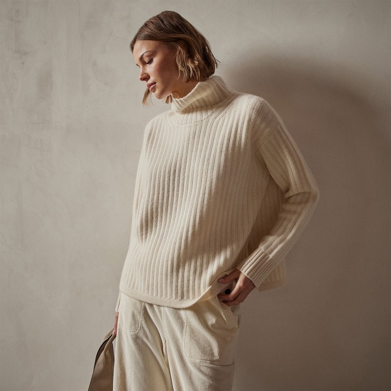 Ribbed Cashmere Funnel Neck – Ivory
