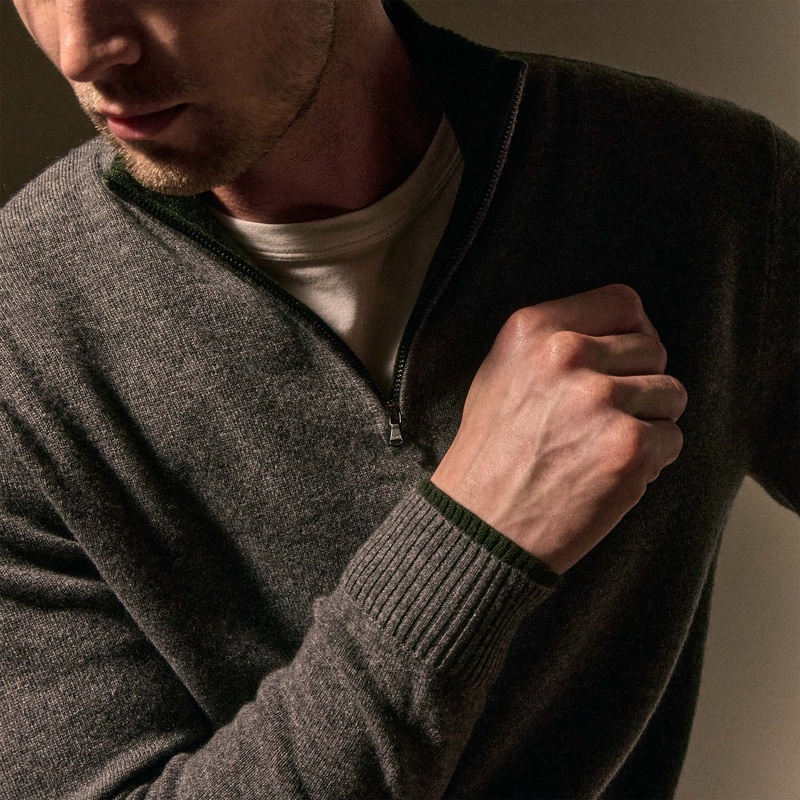 Half Zip Cashmere Funnel Neck – Mid Grey/Forest