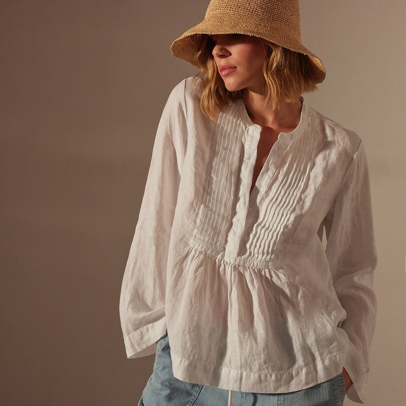 Pin Tuck Linen Top – White