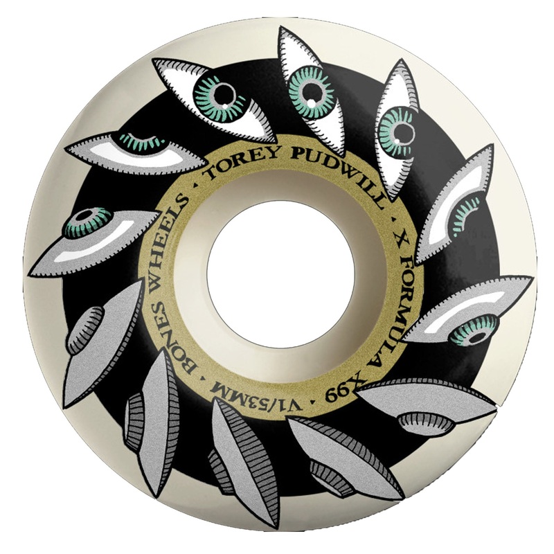 Bones Pudwill XF V1 Eyeing Saucer 53mm 99a Skate Wheels – White/Black