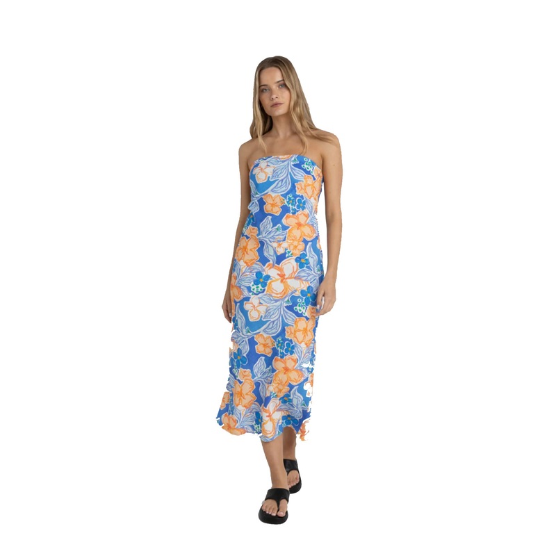 Rhythm Paradise Floral Bias Midi Women’s Dress – Blue