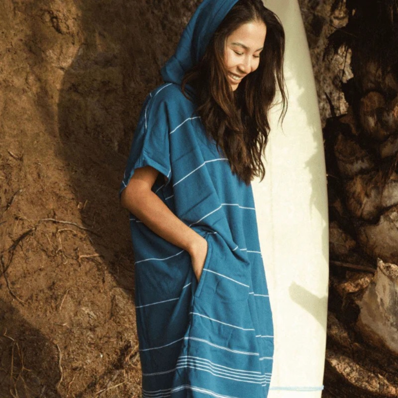 Sand Cloud Classic Stripe Hooded Poncho in Teal Blue