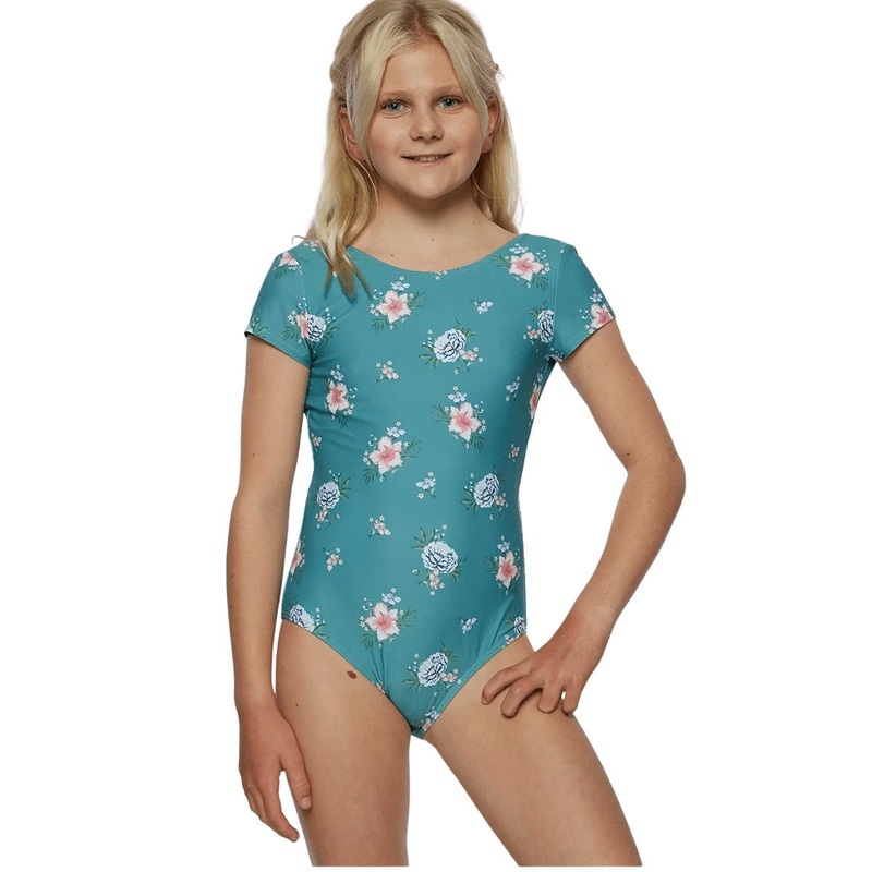 O’Neill Girls Chan Floral SS Tie Back One Piece in Teal